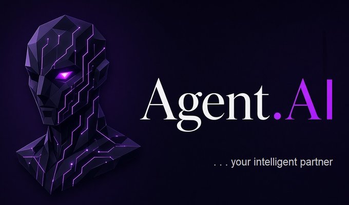A dark purple logo for 'Agent.AI' features a futuristic robotic head with glowing purple eyes next to the tagline '...your intelligent partner'.