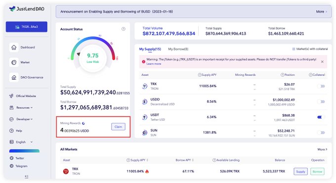 The image displays the JustLend DAO dashboard showing a total supply of $50,624,991,739,240, total borrow of $1,297,065,689,381, and a highlighted "Mining Rewards" balance of 4,003,962.5 USDD ready to claim, which aligns with the post's emphasis on USDD 2.0 Supply Mining as a mechanism for channeling capital within the protocol.