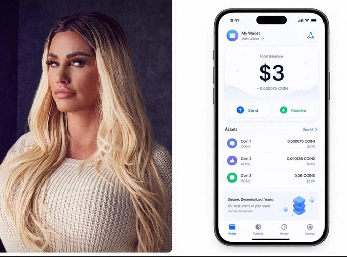 A side-by-side image showing a blonde woman on the left and a smartphone wallet app on the right displaying a total balance of '$3' with assets like COIN1, COIN2, and COIN3, captioned 'Secure. Decentralized. Yours.'