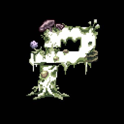 A low-resolution pixel art illustration of a white, tree-like creature with a gaping mouth and a small mushroom on its head against a black background.