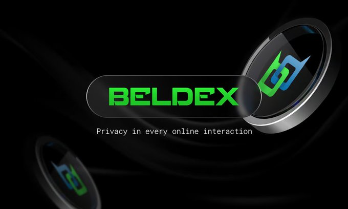 The image displays the Beldex logo alongside its tagline "Privacy in every online interaction," set against a dark background with green and blue circular emblems. This branding aligns with the post's message about how privacy extends beyond hiding transactions to encompass broader digital protection, reinforcing Beldex's role as a privacy-focused cryptocurrency solution.