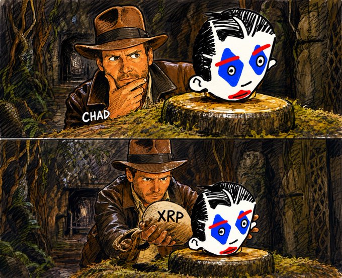 A two-panel meme featuring Indiana Jones; the top panel labels him 'CHAD', and the bottom panel shows him examining a golden ball labeled 'XRP' next to a colorful blue-faced cartoon character.