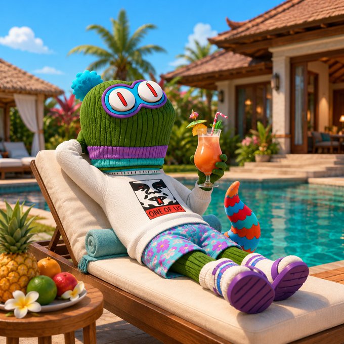A knitted green character wearing oversized sunglasses and a white 'ONE OF US' sweater lounges on a pool chair holding a tropical cocktail, with a pineapple, fruits, and sandals nearby at a tropical resort.