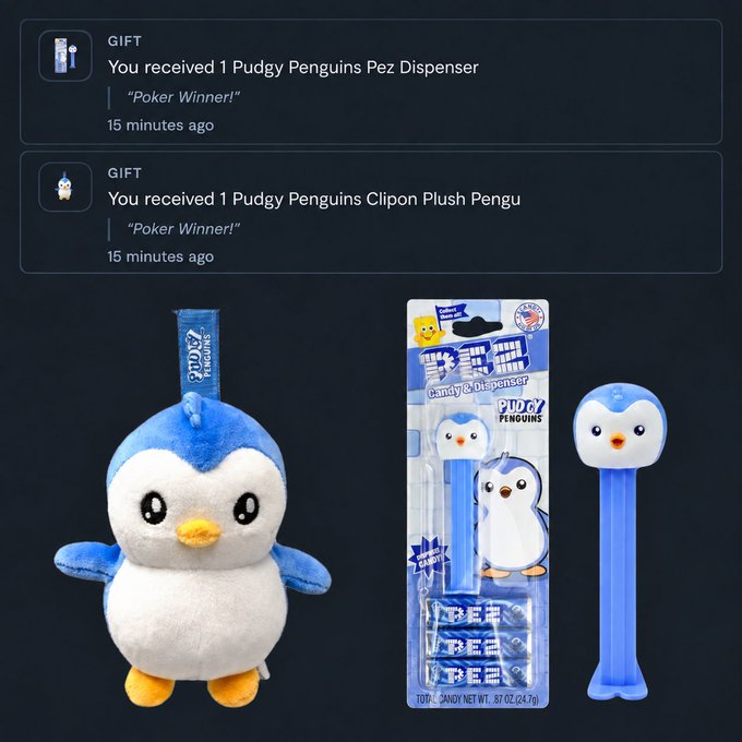 Notifications showing received Pudgy Penguins gifts—a Pez Dispenser and Clipon Plush Pengu—along with a photo of the plush penguin, PEZ dispenser, and candy pack.