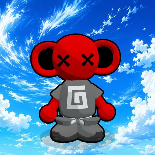 A digital illustration of a cartoon character with a red head, X-shaped eyes, large round ears, and a gray shirt with a geometric symbol, set against a blue sky with clouds.