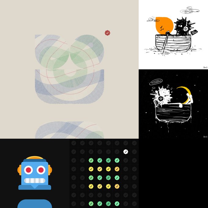 A collage of four unrelated images including abstract line art, two cartoon illustrations of a sun and moon sharing a boat, a blue robot, and a grid of colored checkmark icons.
