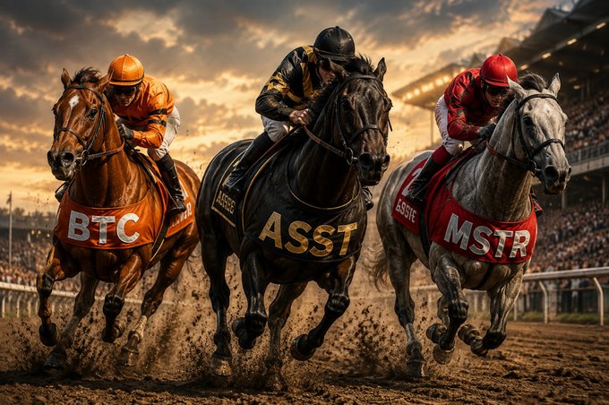 Three jockeys race neck-and-neck on a dirt track, with the central black horse prominently labeled "ASST," flanked by an orange horse marked "BTC" and a gray horse displaying "MSTR," visually representing the crypto-themed race between Bitcoin, MicroStrategy, and ASST as competing "retirement horses."