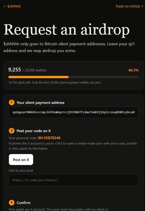 The image shows a webpage titled "Request an airdrop" for $shhhhh, displaying 9,255 of 20,000 wallets registered (46.3%) with instructions to submit a Bitcoin silent payment address (sp1qqvyr...) and post a personal code (SH-F2D7E246) on X to qualify. This relates to the post as it depicts the actual airdrop promotion the author is encouraging others to participate in.