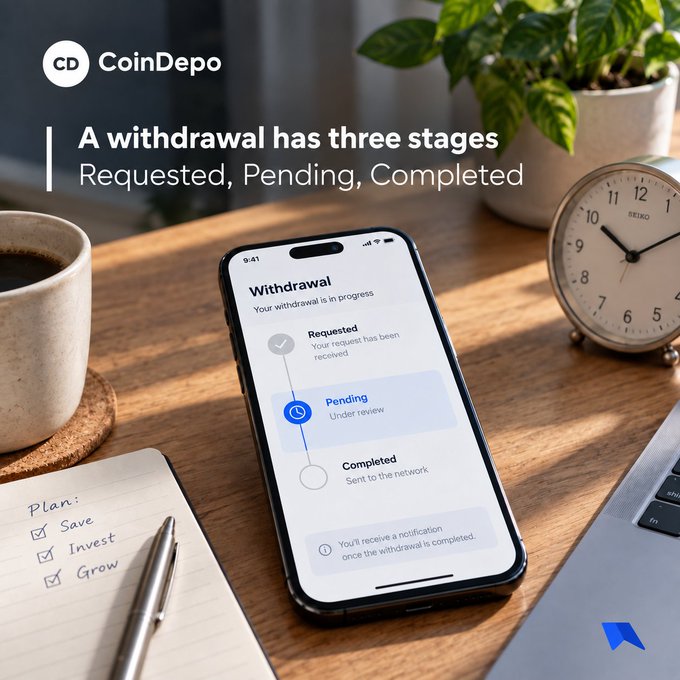 The image shows a CoinDepo promotional graphic featuring a smartphone on a wooden desk, displaying a withdrawal status screen with three stages: "Requested" (with a checkmark indicating the request has been received), "Pending" (Under review, highlighted in blue), and "Completed" (Sent to the network), along with a note that "You'll receive a notification once the withdrawal is completed." The header reads "A withdrawal has three stages - Requested, Pending, Completed," and the scene includes a cup of coffee, a Seiko clock showing approximately 10:10, a notepad with a plan listing "Save, Invest, Grow," and a potted plant in the background. This visually reinforces the accompanying post's explanation of the withdrawal process, emphasizing that the "Pending" stage allows for cancellation while under review, with completions typically processed by 19:00 UTC the next business day.