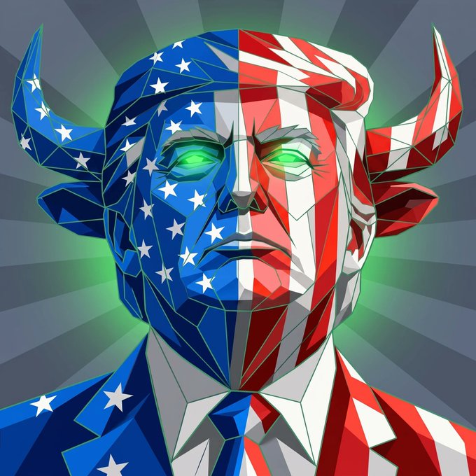 A stylized low-poly bull with the American flag pattern across its face and body, featuring glowing green eyes, complements the post's $DONALD memecoin airdrop promotion aimed at Solana users.