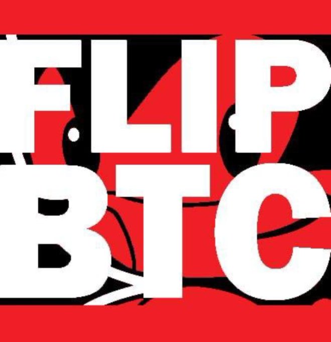A bold graphic design featuring large white text that reads 'FLIP BTC' overlaid on a red and black background with stylized shapes.
