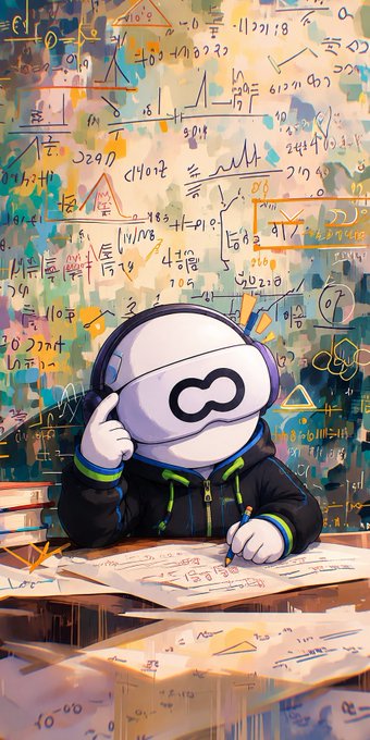 A digital illustration of a rounded white robot-like character wearing headphones and a black hoodie, surrounded by colorful mathematical equations and graphs while writing on paper.