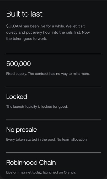 A dark-themed informational graphic titled 'Built to last' about the $GLOAM cryptocurrency token, noting a fixed supply of 500,000, locked liquidity, no presale, and launch on Robinhood Chain via Orynth.