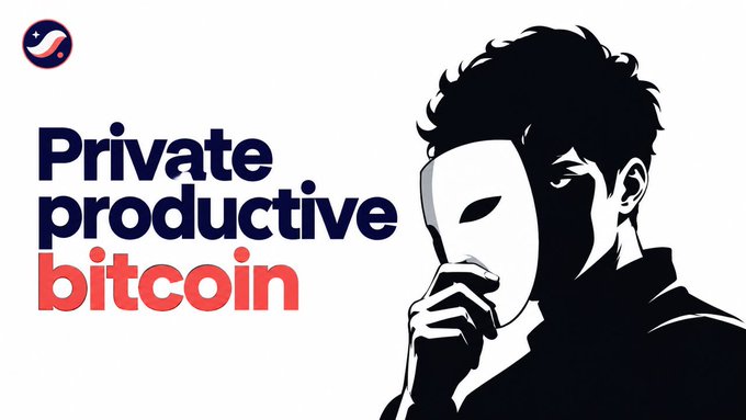 A graphic with the Bitcoin logo displaying 'Private productive bitcoin' alongside an illustration of a person in a hoodie wearing a mask.
