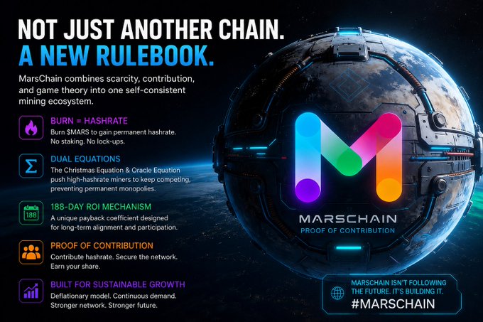The image features a poster or advertisement promoting MarsChain, which is a cryptocurrency. The poster displays a colorful planet with the word "MARSCHAIN" written across its surface. It also includes text that reads "Not Just Another Chain", emphasizing the uniqueness of MarsChain compared to other cryptocurrencies. The poster highlights the project's focus on utility and participation, as well as its innovative approach through PoC-driven models and scarcity-based competition for growth.