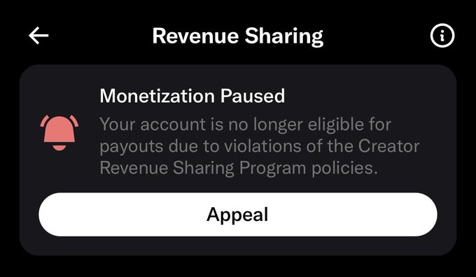 A screenshot of a "Revenue Sharing" notification page showing "Monetization Paused" with a message stating the account is no longer eligible for payouts due to violations of the Creator Revenue Sharing Program policies, along with an "Appeal" button. The image illustrates the user's frustration about their monetization being suspended without warning or clear explanation, as described in their post about being a long-time crypto and meme content creator.