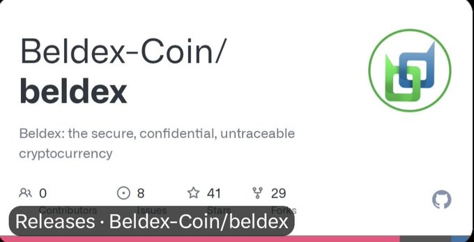 A GitHub repository page for 'Beldex-Coin/beldex' described as 'the secure, confidential, untraceable cryptocurrency', showing 0 contributors, 8 issues, 41 stars, and 29 forks.