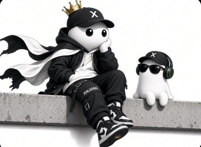A digital artwork of a ghost-like cartoon character wearing a black cap with an 'X' logo, a gold crown, a black hoodie, and sneakers, sitting next to a smaller ghost figure wearing sunglasses and headphones, both with 'X' branding.