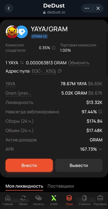 A mobile screenshot from dedust.io displays the YAYA/GRAM liquidity pool, showing an exchange rate of 1 YAYA ≈ 0.000063813 GRAM, an APR of 167.73%, and liquidity stats alongside Russian-language 'Внести' and 'Вывести' buttons.