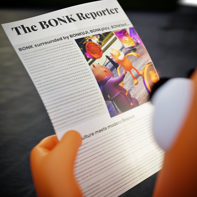 A stylized image of a hand holding 'The BONK Reporter' newspaper, featuring a 3D illustrated story with the headline 'BONK surrounded by BONKUJI, BONKplay, BONKbot...' and partial text reading 'culture meets modern finance'.