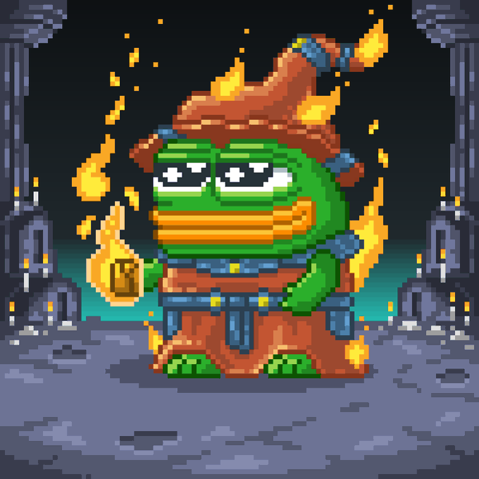 A pixel art image of a green frog-like character dressed as a wizard in a red robe and pointed hat, holding a wooden staff, surrounded by flames and standing in a dark, mystical setting.