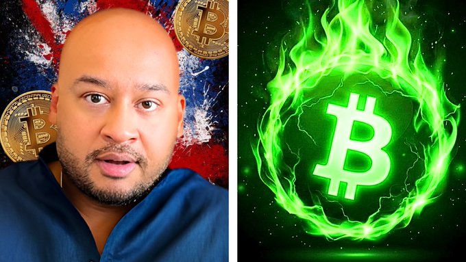 A bald man with a beard appears on the left side of the image against a backdrop featuring Bitcoin logos and a UK flag, while the right side displays a glowing green Bitcoin symbol surrounded by flames in a circular portal. The image pairs with commentary from "BRITISH HODL" predicting a Bitcoin rally to roughly $340,000, evoking the 2013-style bull run.