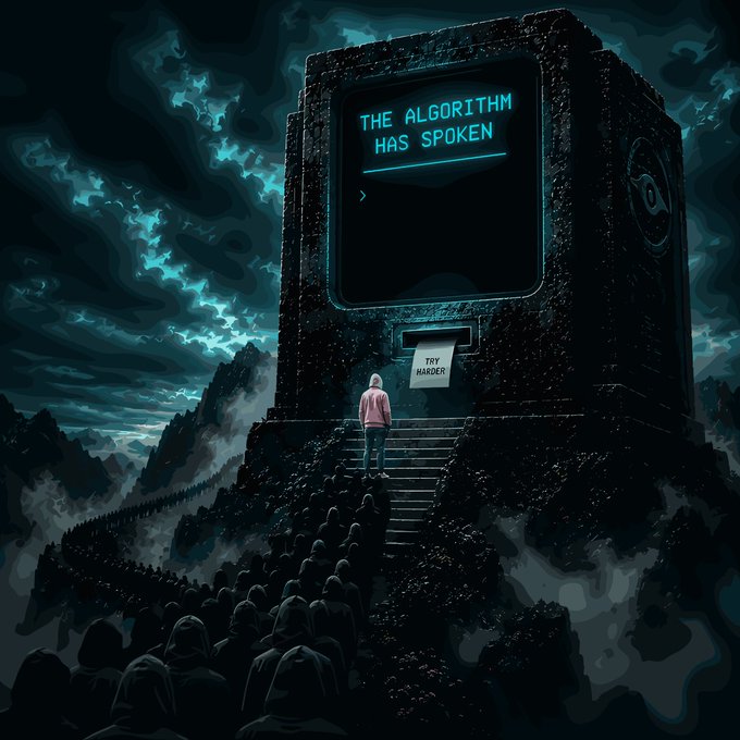 A digital illustration depicts a lone figure in a hoodie ascending stairs toward a massive monolith displaying 'THE ALGORITHM HAS SPOKEN', while a crowd watches from below.