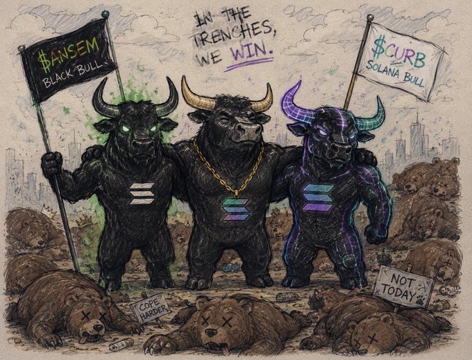 Crypto bullish artwork showing two muscular bulls (labeled '$ANSEM BLACK BULL' and '$CURB SOLANA BULL') standing victorious over fallen bears, captioned 'IN THE TRENCHES, WE WIN.'