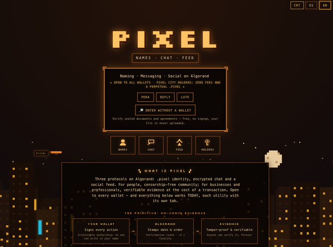 Identical screenshot of the PIXEL website homepage, showing the Algorand-based naming, chat, and feed platform interface with its pixelated aesthetic and wallet connection options.