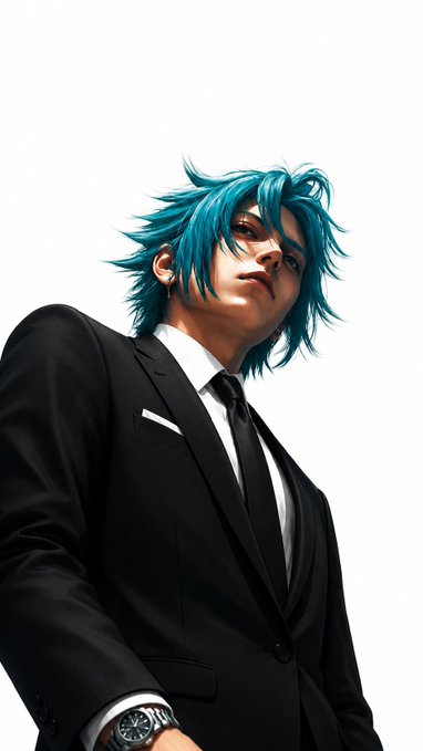 A stylized portrait of a young man with vibrant turquoise-blue spiky hair, wearing a black suit, white dress shirt, and black tie, photographed from a low angle against a white background.