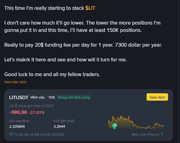 A social media post discusses stacking the token $LIT, mentioning taking positions to pay a 20$ funding fee, accompanied by a chart showing LITUSDT down -27.03%.