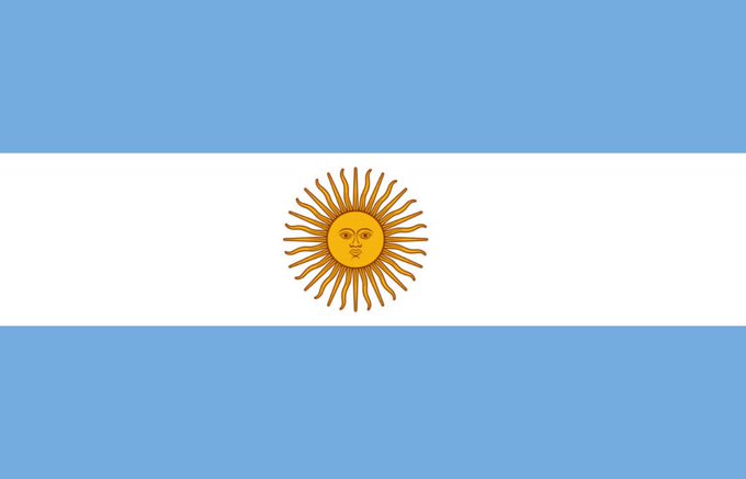 The flag of Argentina, featuring three horizontal bands of light blue, white, and light blue, with the golden Sun of May emblem centered in the white stripe.
