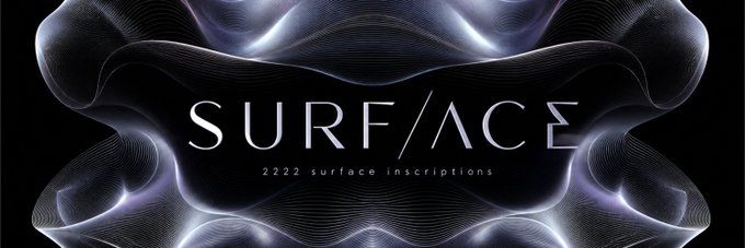 A stylized logo reading 'SURF/ACE' with '2222 surface inscriptions' below it, set against a mirrored abstract wavy pattern in dark tones with silver highlights.
