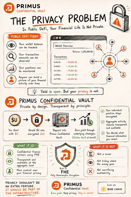An infographic titled 'PRIMUS CONFIDENTIAL VAULT: THE PRIVACY PROBLEM' explaining the lack of privacy in Public DeFi and introducing a private, auditable confidential vault built on FHE (Fully Homomorphic Encryption), live on BNB Chain.