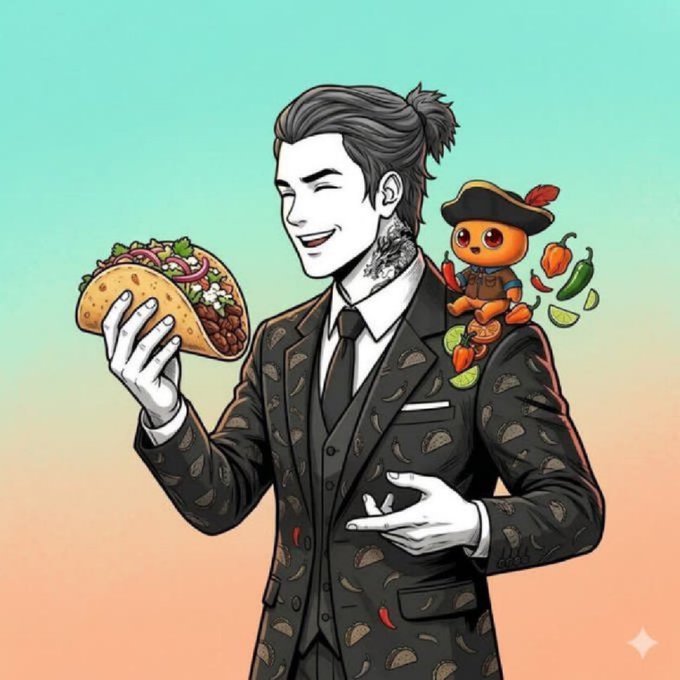 An illustration of a smiling man in a dark patterned suit holding a large taco, with a small creature wearing a hat and surrounded by peppers on his shoulder.