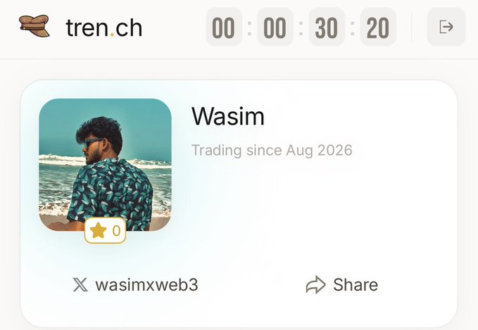 A website screenshot from tren.ch showing a user profile for 'Wasim' with the description 'Trading since Aug 2026', featuring a profile picture of a man at the beach, a 0-star rating, and a X (Twitter) handle 'wasimxweb3'.