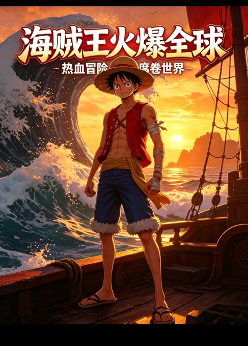 An anime-style illustration of a young pirate (resembling Monkey D. Luffy) with a straw hat, red vest, and bandaged arm standing on a ship's deck with crashing waves and a sunset in the background. Chinese text at the top reads '海贼王火爆全球 热血冒险 席卷世界' (Pirate King Goes Viral Globally, Passionate Adventure Sweeps the World).