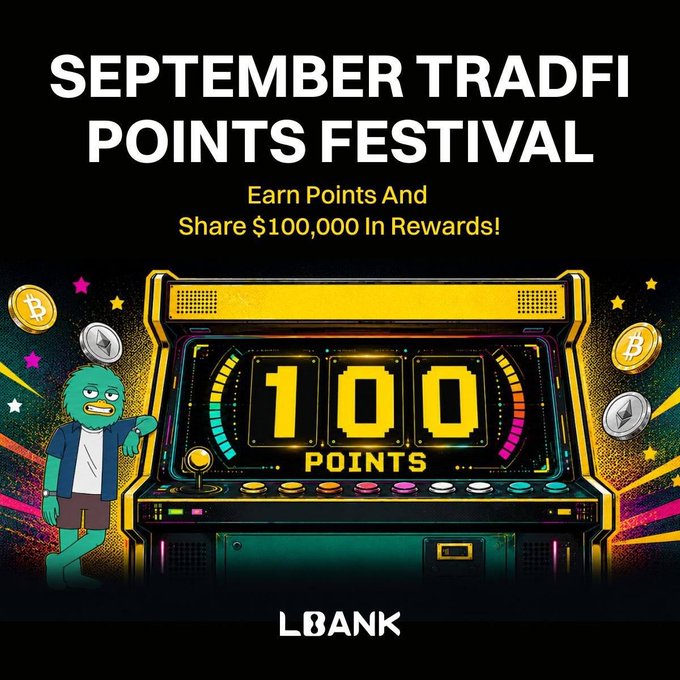 The promotional image for the September TradFi Points Festival features a slot machine displaying "100 POINTS" alongside a cartoon character and crypto coins, advertising a shared prize pool of $100,000 in rewards from LBANK Exchange.