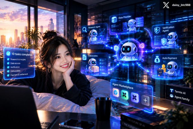 A young woman rests her chin on her hand, smiling as she views a futuristic holographic dashboard displaying an interconnected network of AI agents—including "Research Agent," "Data Provider," "Verification Agent," "Deliverables," and "Auto Payment"—alongside a checklist showing "10 tasks complete" (Research & insights, Data access, Verification, Deliverables, Payment & settlement) and an "Agent Marketplace." The image visually captures the post's concept of an autonomous AI agent ecosystem working overnight to handle research, payments, and verification tasks on her behalf, branded with "Termix AI" and "Agent family."