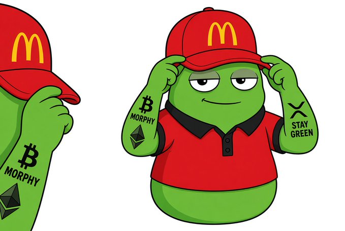 An illustration of a green Pepe the Frog character wearing a red McDonald's cap and polo shirt, featuring Bitcoin and Ethereum tattoos labeled "MORPHY" and "STAY GREEN".
