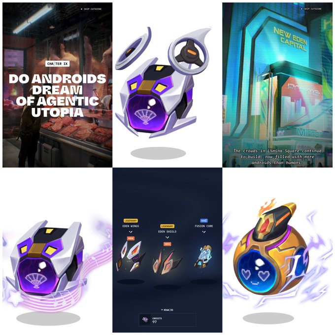 A collage of SKIP CUTOUNE game promotional art including 'DO ANDROIDS DREAM OF AGENTIC UTOPIA' chapter IX, robot companion designs, and a fusion core upgrade screen.