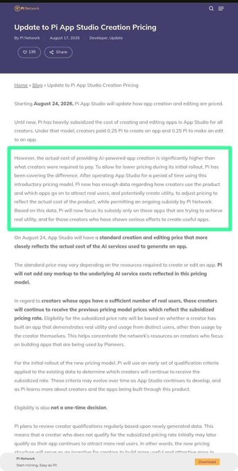 A Pi Network blog post titled 'Update to Pi App Studio Creation Pricing,' discussing changes to app creation and editing fees for creators effective August 24, 2026.