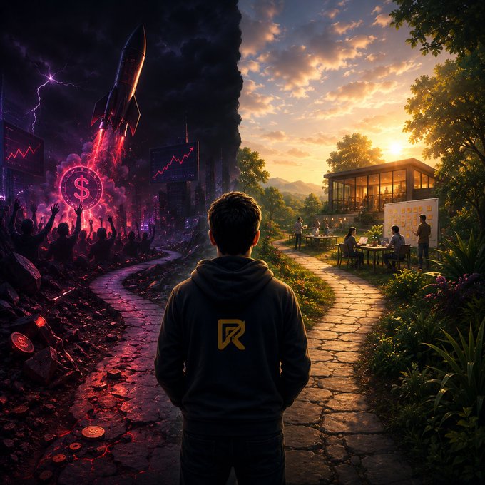 A figure in a hoodie with an "R" logo stands at a crossroads between two starkly contrasting paths: on the left, a chaotic, dark scene featuring a rocket, a glowing "$" coin, falling charts, and a hyped crowd chasing quick token gains, while on the right, a serene, sunlit workspace shows a small team productively collaborating around laptops. The image visually reinforces the post's argument against launching tokens prematurely, illustrating the choice between chasing short-lived hype (left) and building a real product through genuine effort and teamwork (right).
