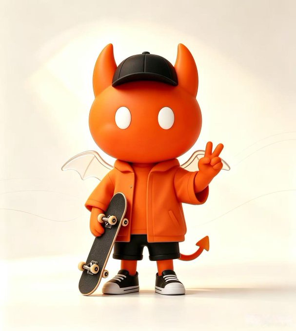 A 3D rendered character of a small orange devil with bat wings and a tail wears a black cap, orange hoodie, and holds a skateboard while making a peace sign.