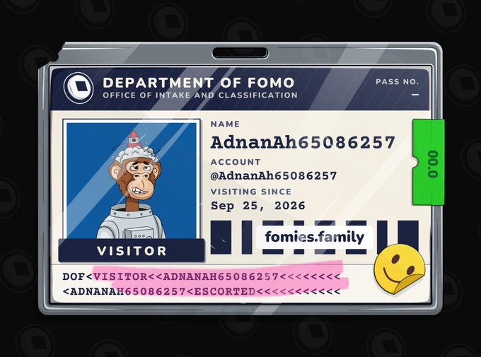 A digital visitor pass NFT for the 'Department of FOMO, Office of Intake and Classification' featuring a cartoon ape astronaut character, with the name 'AdnanAh65086257' and visiting date 'Sep 25, 2026'.