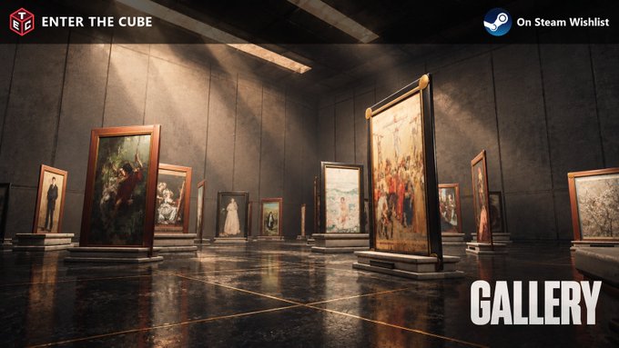 Promotional image for a video game titled 'GALLERY' showing a dimly lit room with framed paintings on display, marked with 'ENTER THE CUBE' and 'On Steam Wishlist' badges.