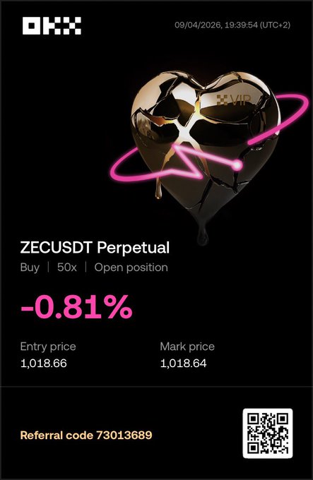 A sleek OKX promotional trade card dated 09/04/2026 at 19:39:54 (UTC+2) showcases a 50x leveraged long position on the ZECUSDT Perpetual pair, currently sitting at -0.81% with an entry price of 1,018.66 and a mark price of 1,018.64, displayed beneath a glossy golden heart pierced by a glowing pink neon arrow. The image reinforces the accompanying post's bullish call on ZEC, though the post's ambitious targets (TP 1060, SL 930) and "going to explode" hype contrast with the card's modest early entry price and slight loss, suggesting the trade was just opened and the trader is banking on a sharp upward move to reach the take-profit level. A referral code (73013689) and QR code appear at the bottom for sign-ups.