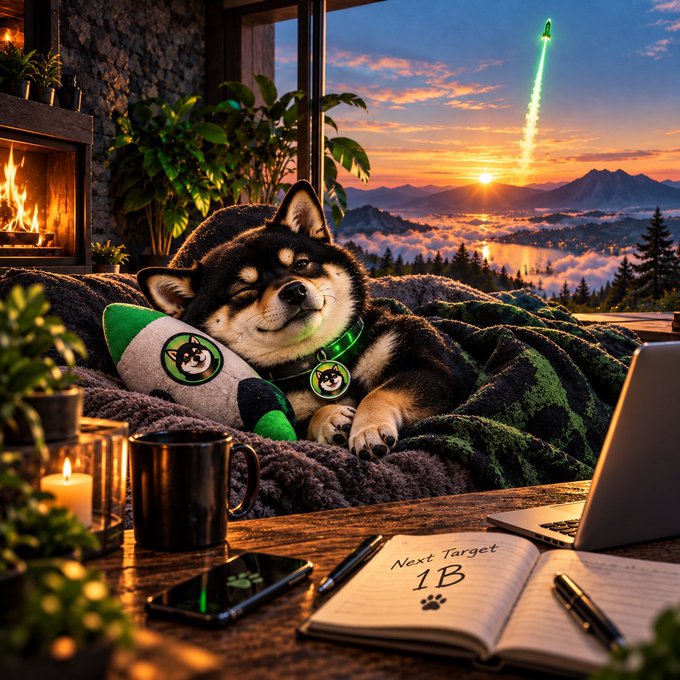 A black and white Shiba Inu dog rests comfortably on a blanket near a fireplace, with a laptop, notebook reading "Next Target 1B," and a sunrise view with a green rocket trail visible through the window.