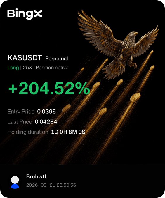 A BingX trading app screenshot showing a KASUSDT Perpetual Long position at 25X with +204.52% profit, an entry price of 0.0396, last price of 0.04284, held for 1D 0H 8M 0S by user 'Bruhwtf'.