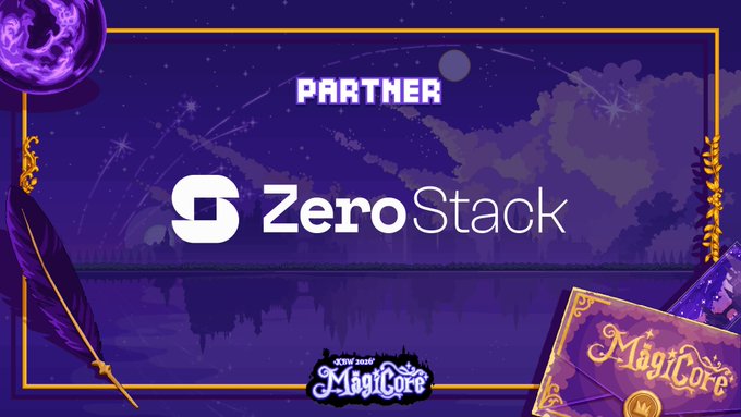 A promotional graphic with a purple night sky background showing "ZeroStack" as a partner, with a feather quill, crystal ball, and a "MagiCore" book.